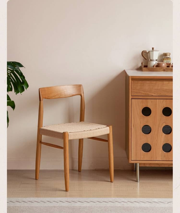 4 pcs -Cherry Solid Wood Dining Chair with Woven Cord Seat, Scandinavian Modern