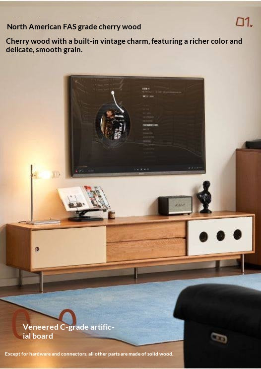 Cherry Solid Wood Bauhaus TV Stand with Color-Block Storage