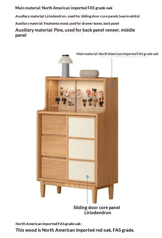 Oak Solid Wood Bar Cabinet with Glass Display and Sliding Doors