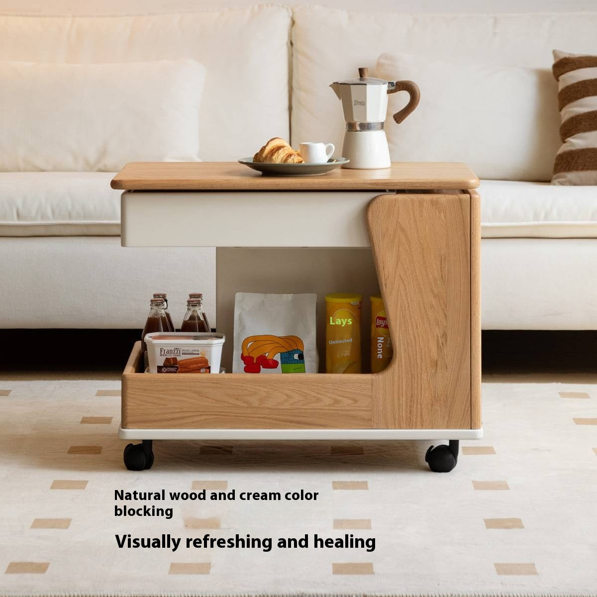 Oak Solid Wood Liftable Rotating Mobile Side Table