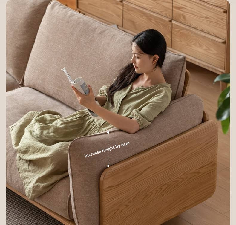 Oak, Ash Solid Wood Sofa with Exposed Wide Arms, High-Back, Genuine leather -fabric