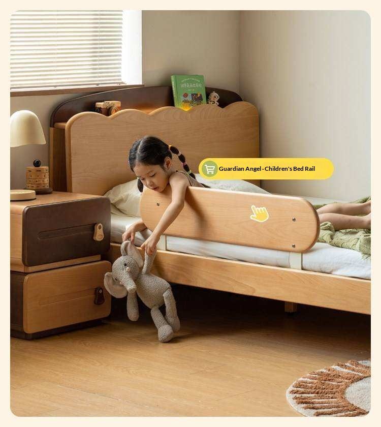 Beech Solid Wood Kids Bed with Scalloped Headboard and Hidden Storage