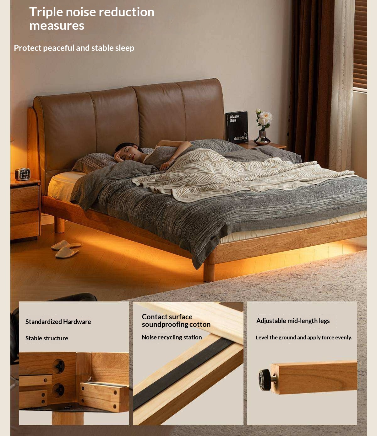 Cherry Solid Wood Bed with Genuine Leather Upholstered Headboard and LED Lighting