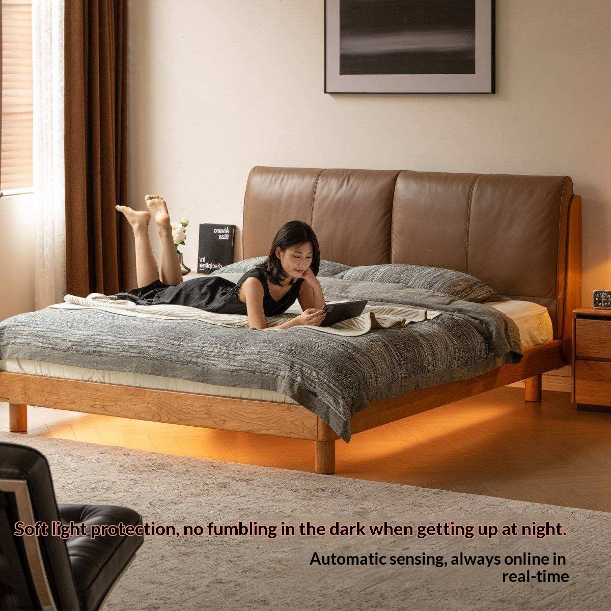 Cherry Solid Wood Bed with Genuine Leather Upholstered Headboard and LED Lighting