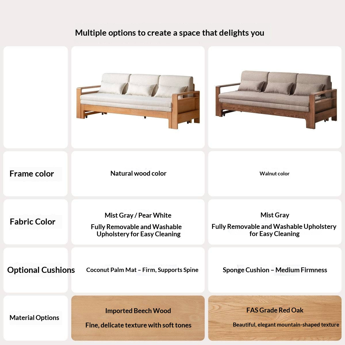 Oak, Beech Solid Wood Multifunctional Storage Sofa Bed