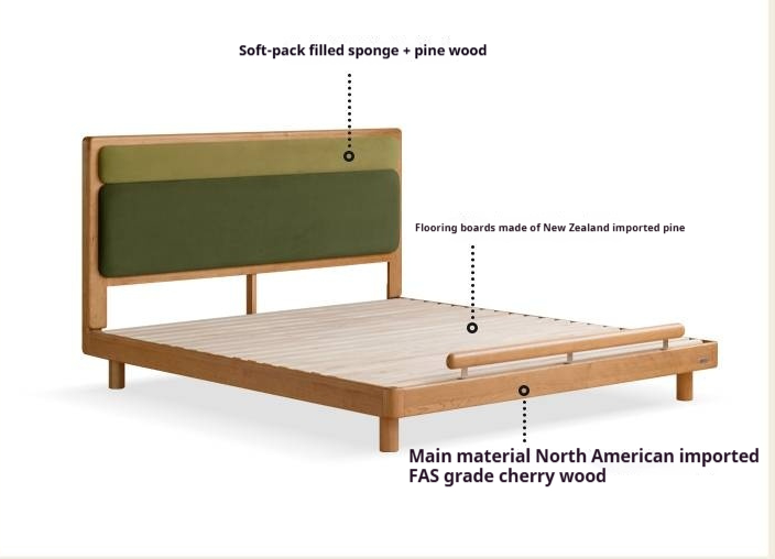 Cherry Solid Wood Fabric Soft Backrest Bed Modern Minimalist