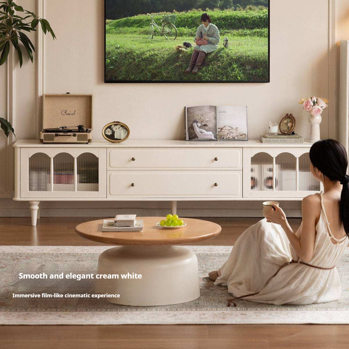 Solid Rubberwood TV Cabinet French Cream Style and Integrated Storage