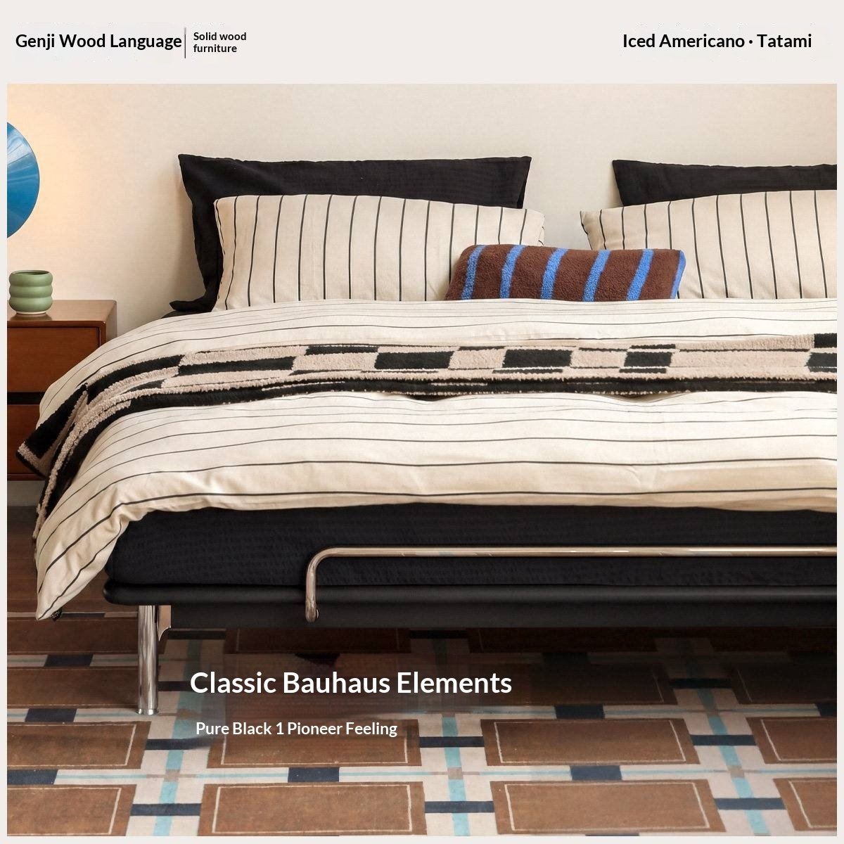 Rubberwood Solid Wood Minimalist Platform Bed with Angled Metal Legs