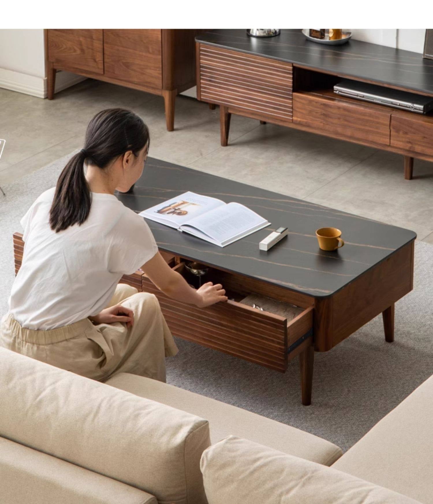 Sandalwood, Black Walnut Solid Wood Rock Plate Coffee Table