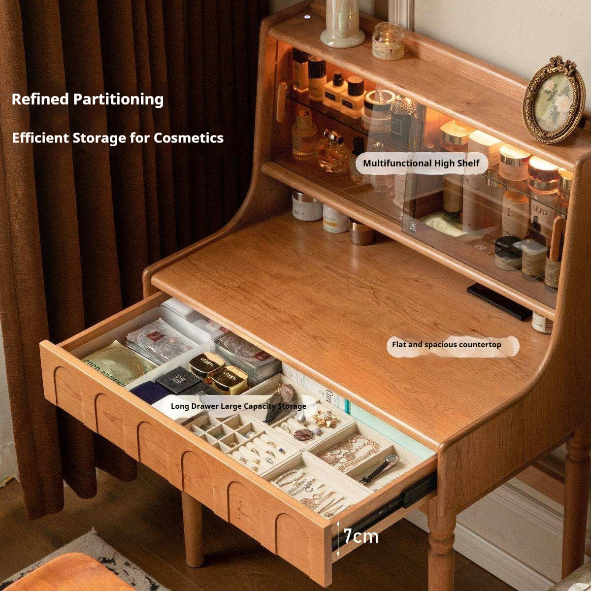 Cherry Solid Wood French Retro Vanity Table with Light