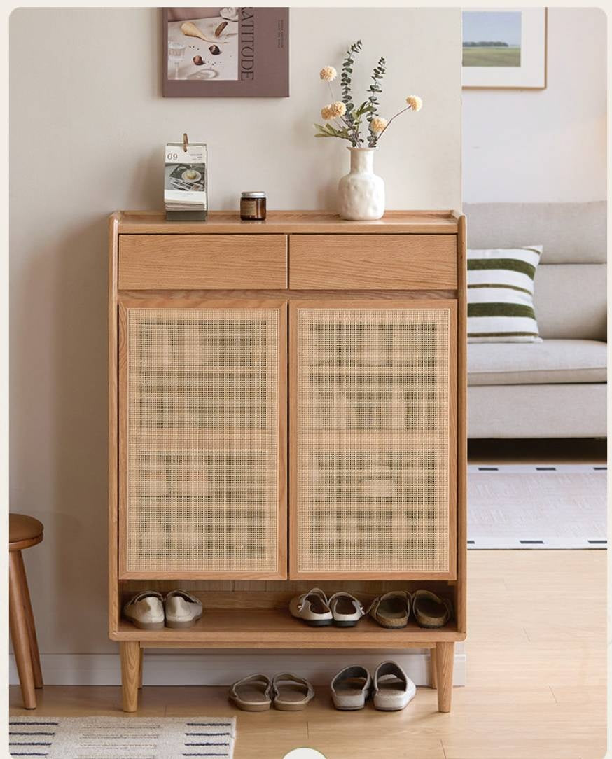 Oak Solid Wood Modern Entryway Shoe Cabinet with Drawers