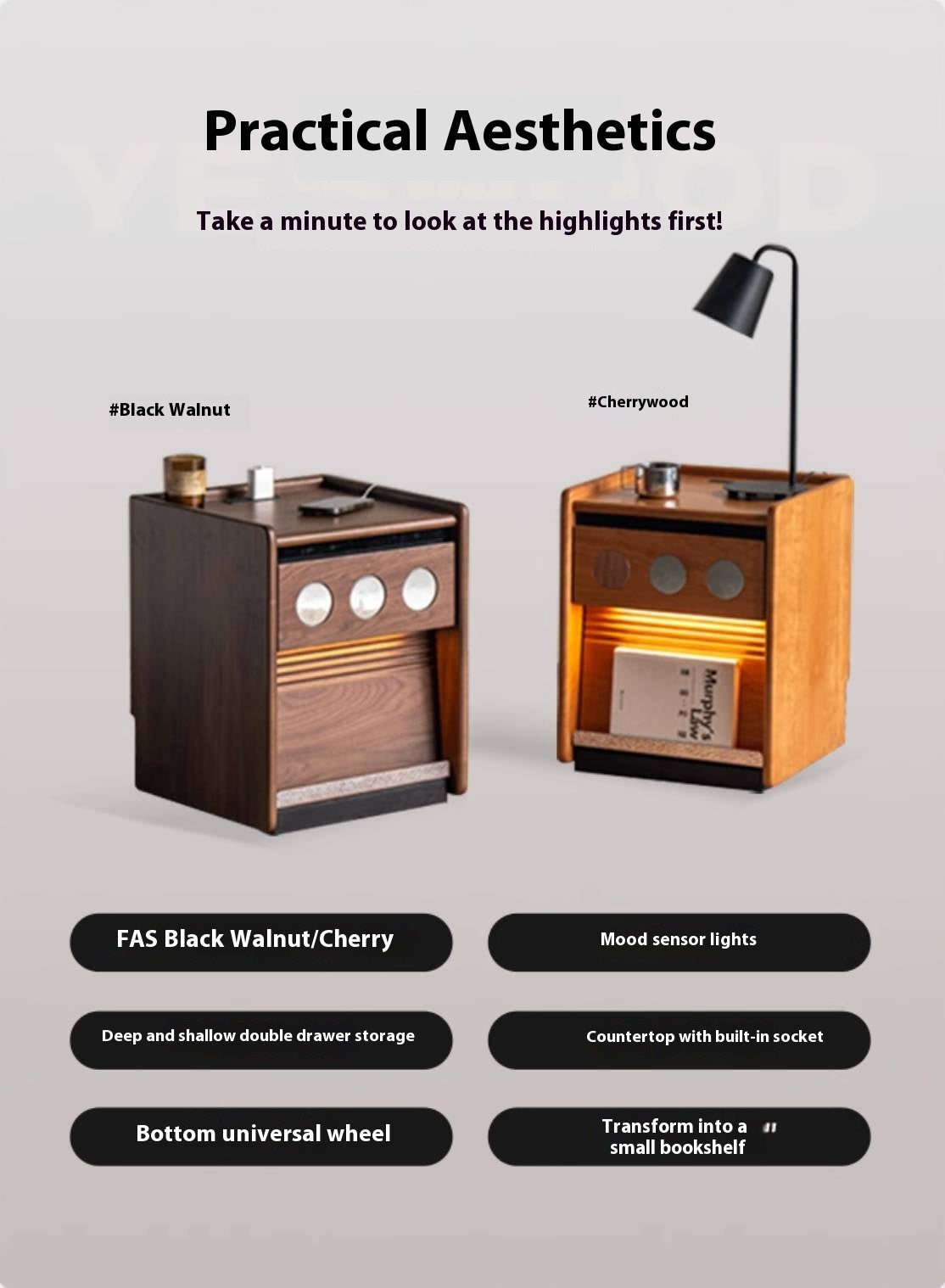 Black Walnut, Cherry, Ash, Sandalwood, Tulipwood Solid Wood Nightstand