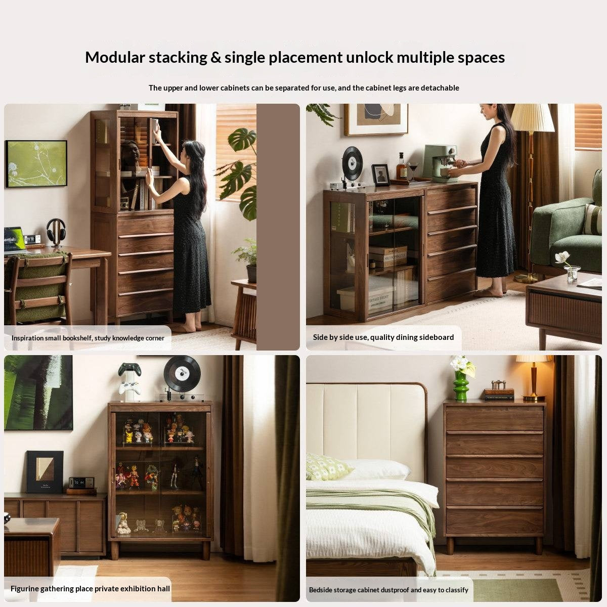 Black Walnut Solid Wood display side cabinet with drawers