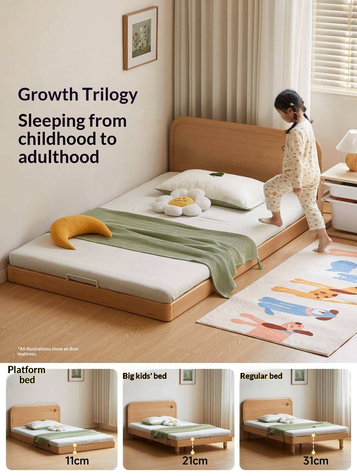 Beech Solid Wood Kids Platform Bed with Night Light