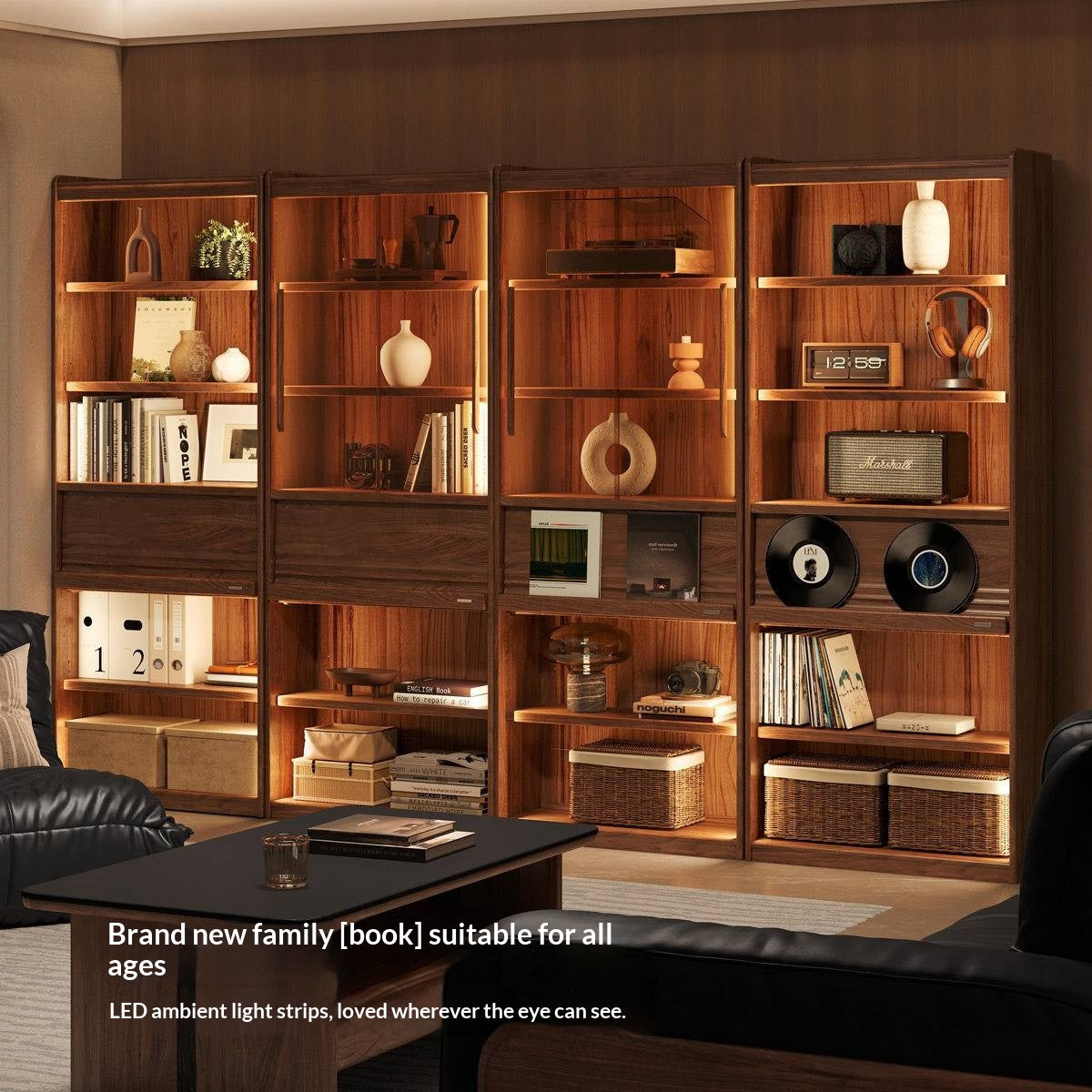 Black Walnut Solid Wood Combination Bookcase with Floor Display and Luxury Storage