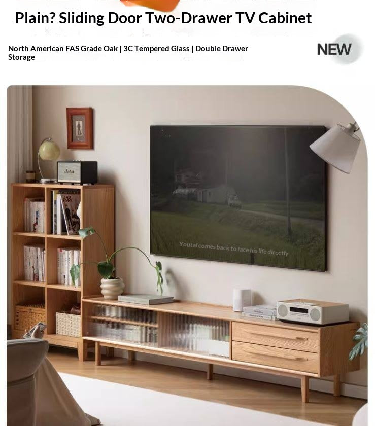 Oak Solid Wood TV Stand Sliding Door.