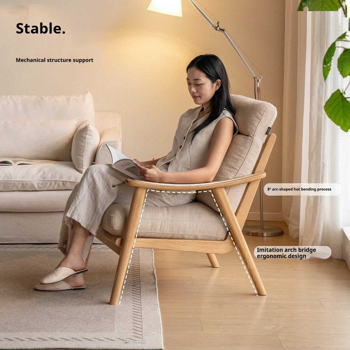 2 pcs Ash Solid Wood Genuine Leather, Fabrics Accent Chair, Modern Minimalist Lounge Chair