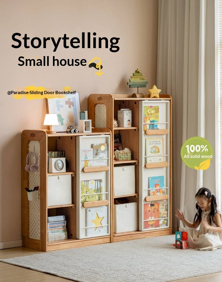 Solid Rubberwood Children's Bookcase with Sliding Doors and Toy Storage