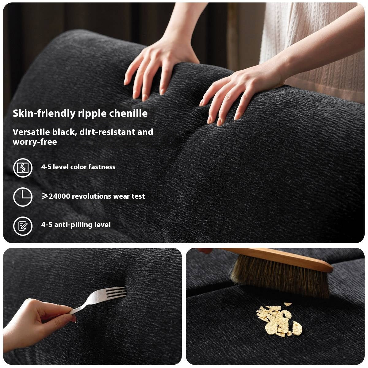 Piano-Key Black Chenille Sofa with Elephant-Ear Design
