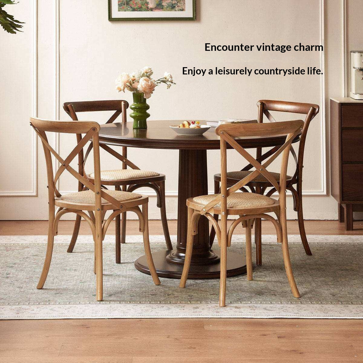 4 pcs -White Oak Solid Wood French Country Cross Back Dining Chair with Rattan Seat