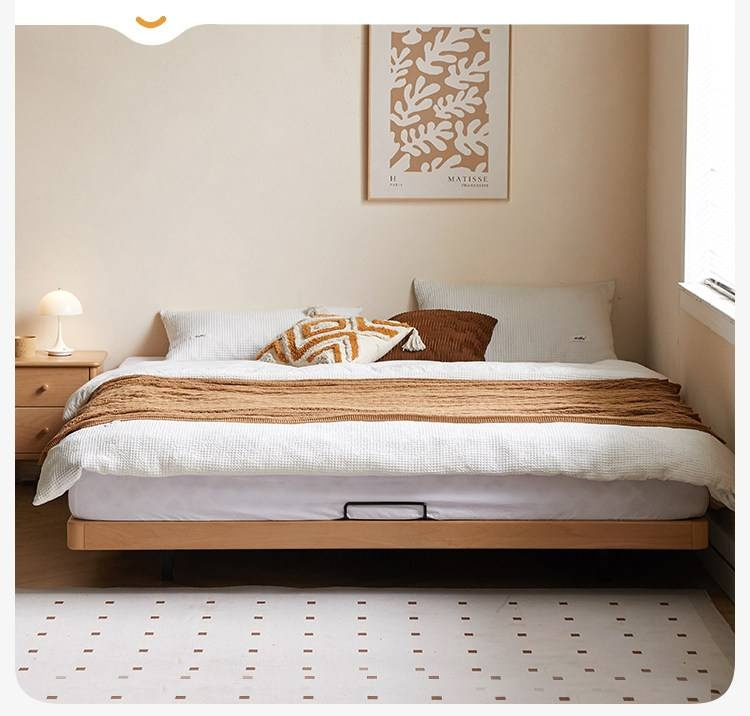 Beech Solid Wood Platform Bed, Headboard-Free Bed, Flush-Edge Floating Bed