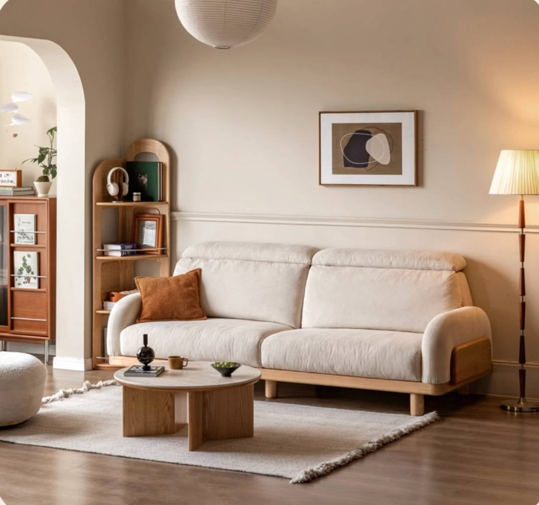 Oak Solid Wood Modern Casual High-Back White Fabric sofa