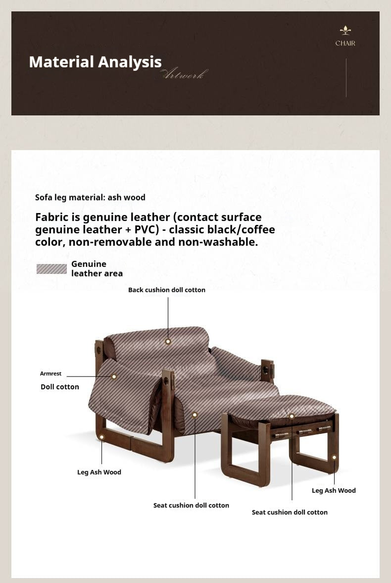 Genuine Leather Ash Solid Wood Sofa Chair, Mid-Century Style, Jersey Island Collection