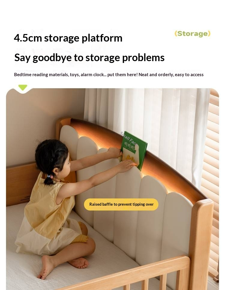Beech Solid Wood Children's Soft Backrest Storage Loft Bed with Night Light