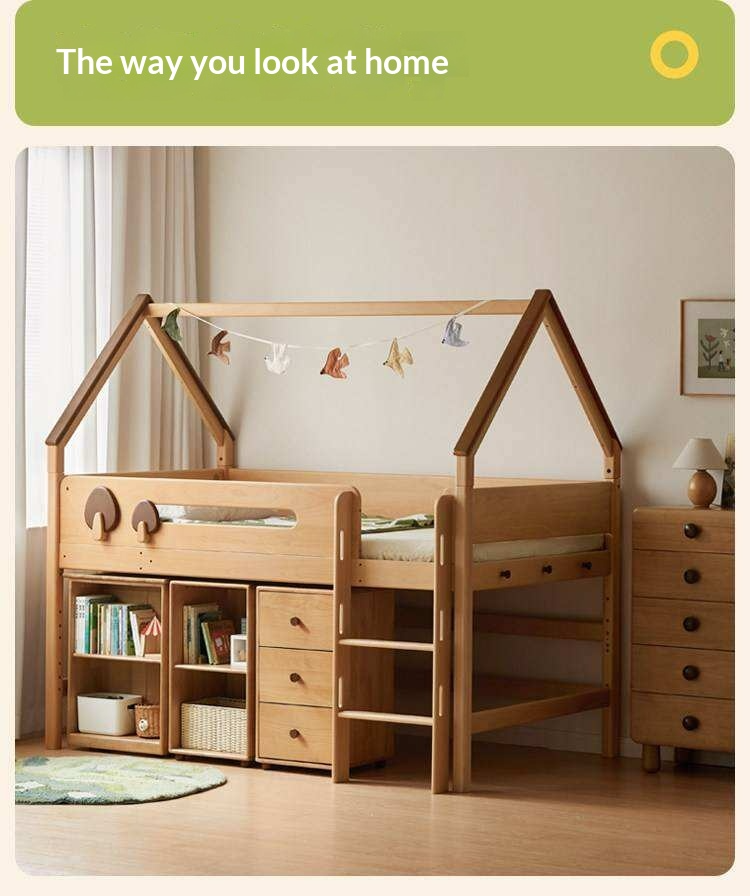 Beech Solid Wood Children's Loft Bed with Table Under Bed