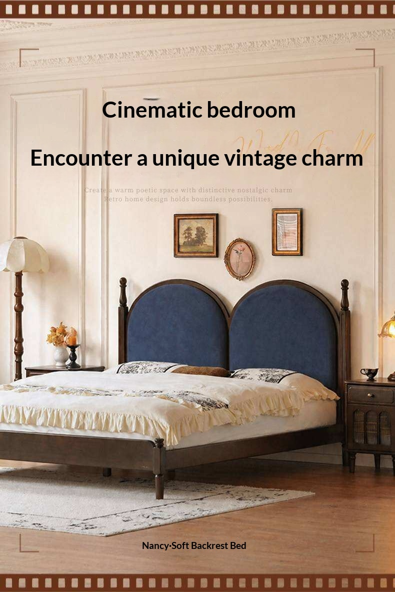Poplar Solid Wood Bed with Double Arched Upholstered Headboard and Turned Wood Posts