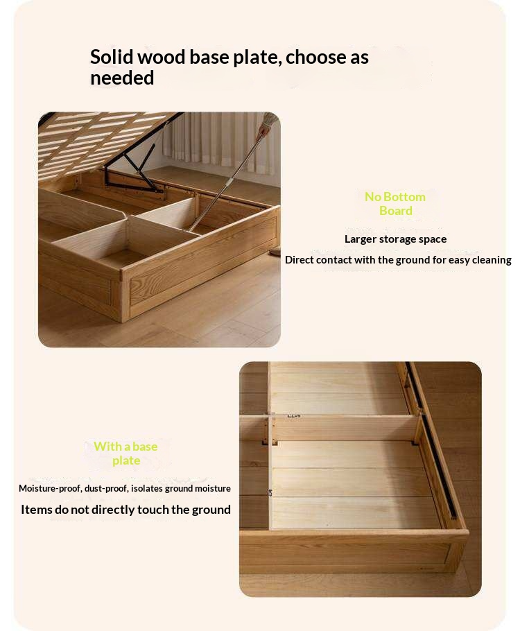 Oak, Rubberwood Solid Wood Storage Bed with Adjustable Height and Gas Lift
