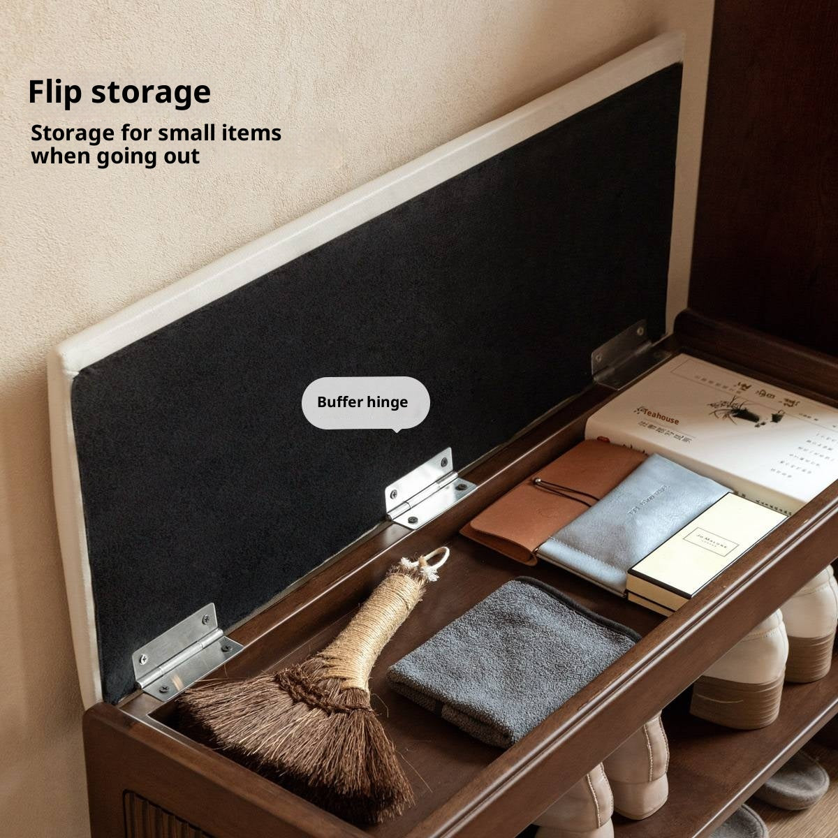 Solid Rubberwood Entryway Shoe Stool with Flip Top