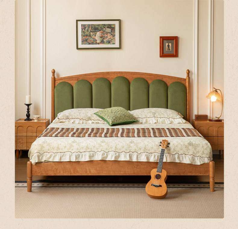 Cherry Solid Wood Genuine Leather, Velvet French-Inspired Scalloped Headboard Bed