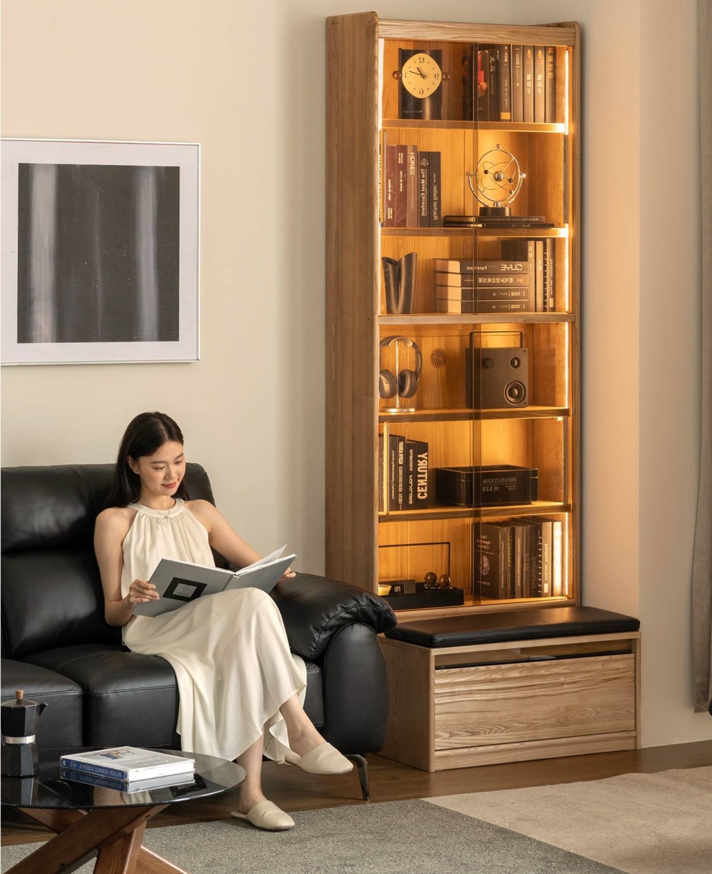 Oak, Ash Solid Wood Bookshelf with Integrated Booth Seating