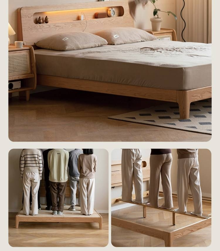 Oak Solid Wood Bed — Nordic Style with Socket and Storage