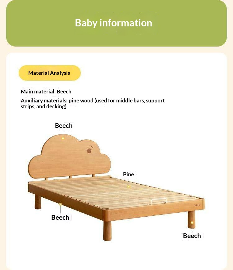 Beech Solid Wood Kids Montessori Platform Bed with Cloud Headboard
