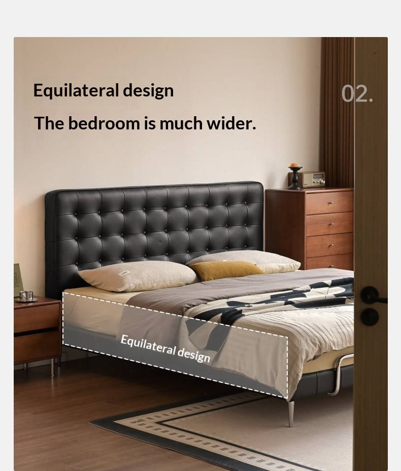 Genuine Leather Bed — Italian Light Luxury, Bauhaus Edge Design, Black Finish