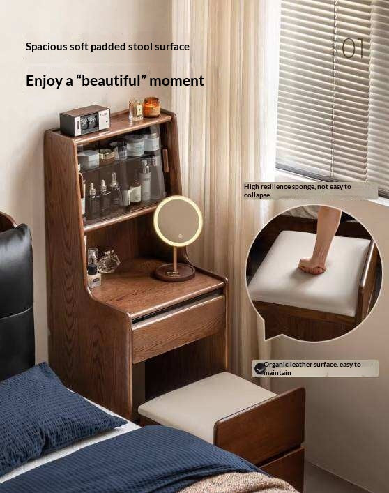 Oak Solid Wood, Rubberwood Solid Vanity Table with Drawers and Modern Minimalist Design