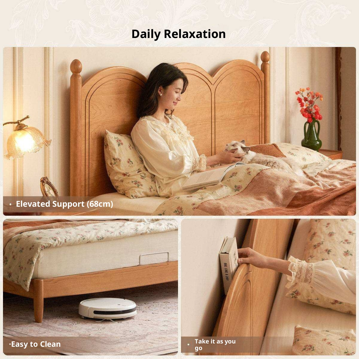 Cherry Solid Wood French Country Arched Platform Bed with Spindle Legs