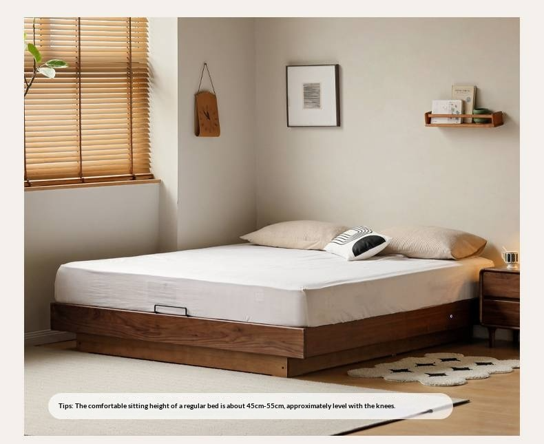 Black Walnut Solid Wood Platform Box Bed, Headboard-Free Bed Night Light Suspended Bed