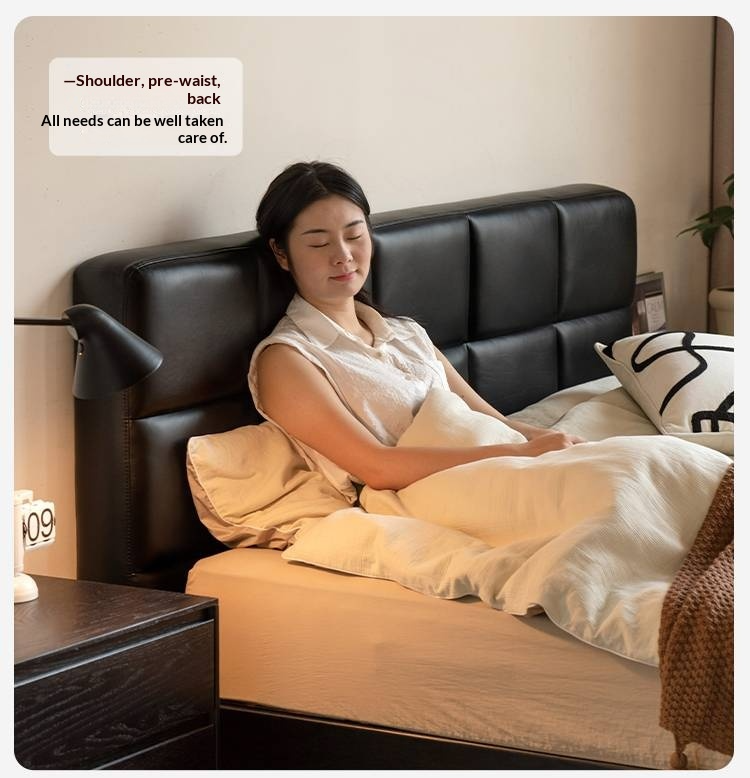 Oak Solid Wood Genuine Leather Upholstered Box Bed Retro Black Floating Bed