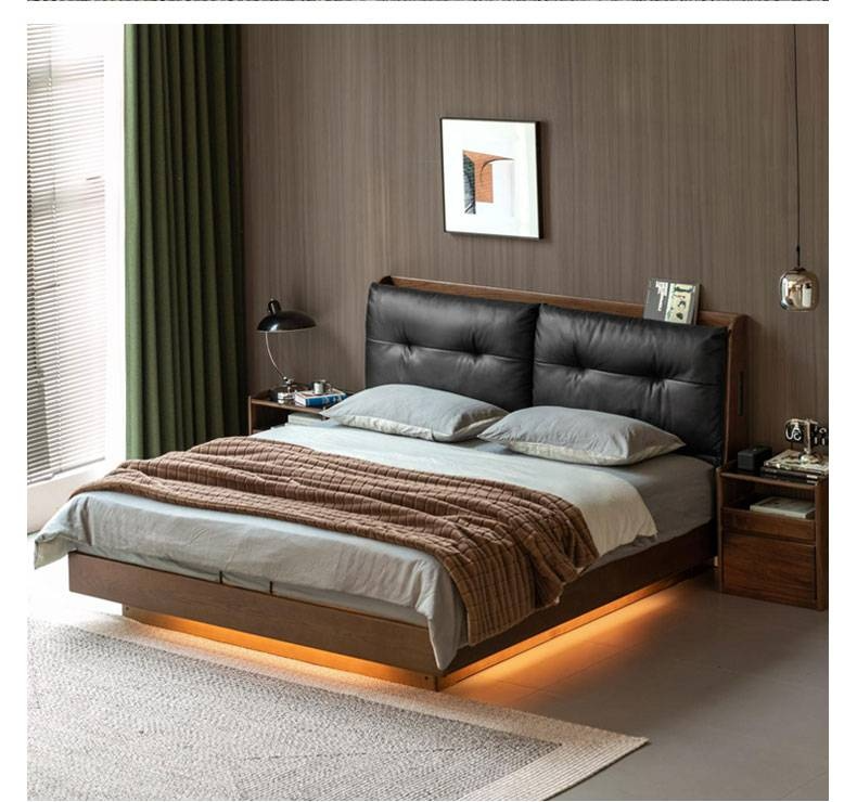 Oak Solid Wood Luxury Genuine Leather Box Bed