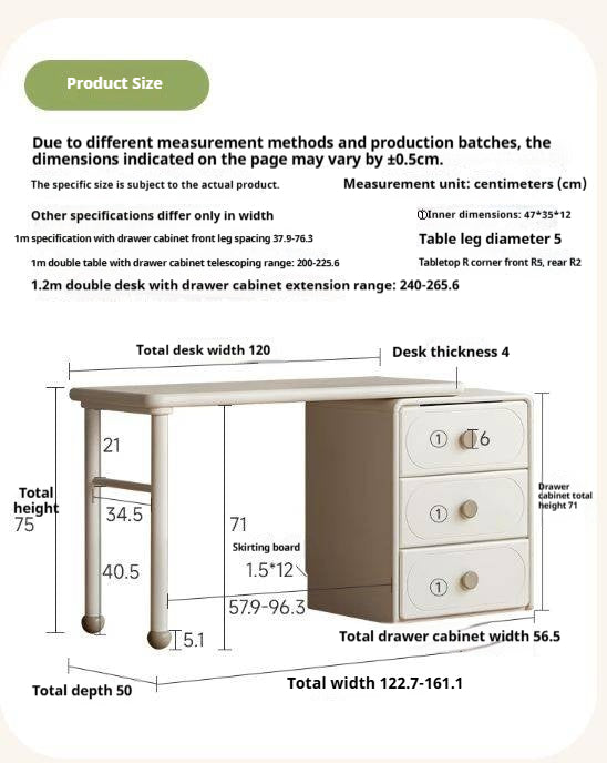 Solid RubberWood Cream Style Retractable Kids Double Desk