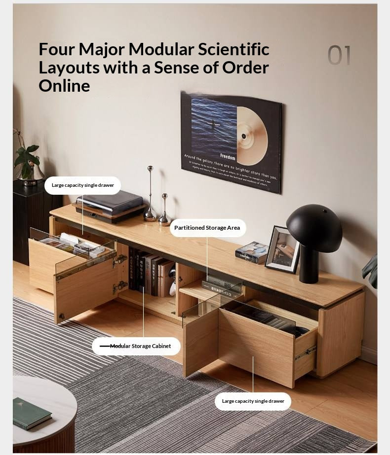 Oak Solid Wood TV Stand with Modern Minimalist Storage Design.