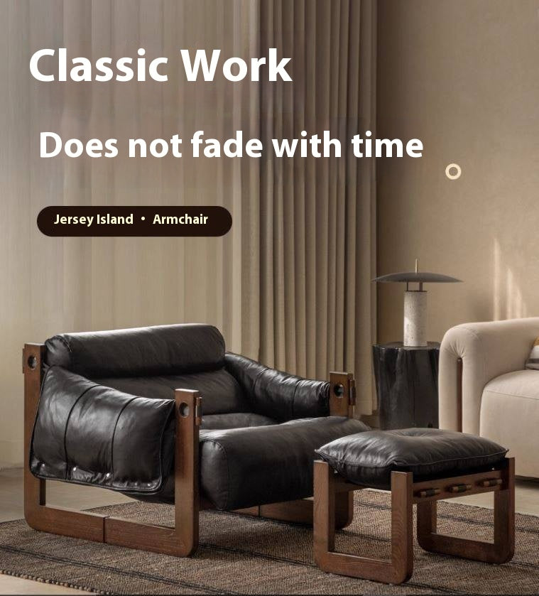 Genuine Leather Ash Solid Wood Sofa Chair, Mid-Century Style, Jersey Island Collection