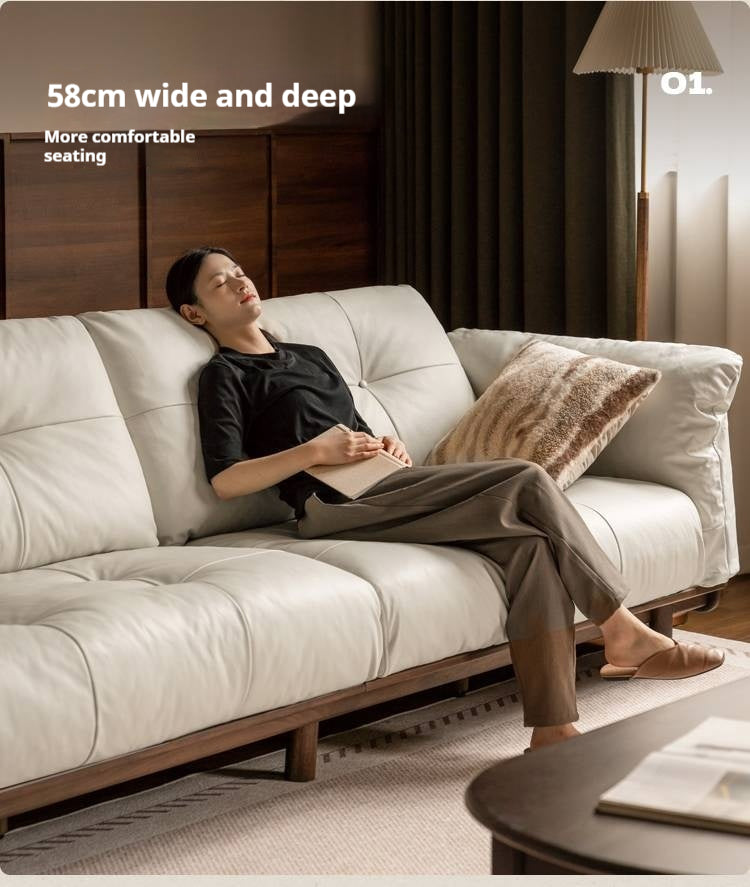 Black Walnut, Oak Solid Wood Genuine Leather Sofa Italian-Inspired