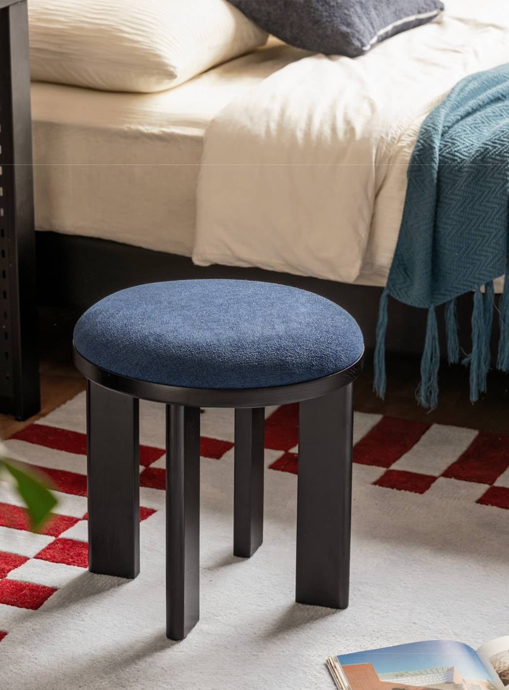 Ash Solid Wood Round Upholstered Stool with Slab Wood Legs