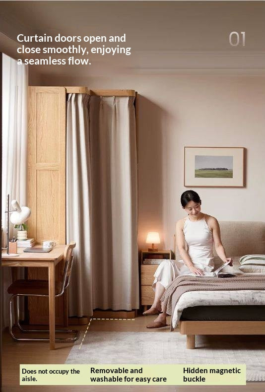 Oak Solid Wood Corner Wardrobe with Removable and Washable Fabric Curtain