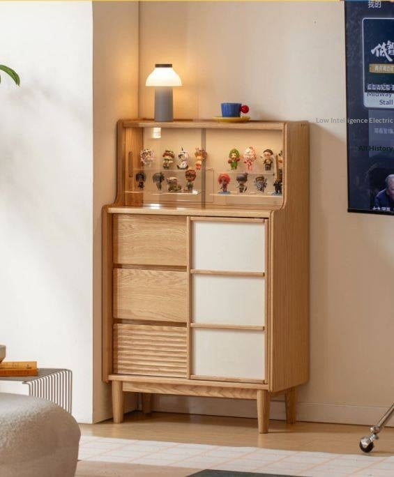 Oak Solid Wood Bar Cabinet with Glass Display and Sliding Doors