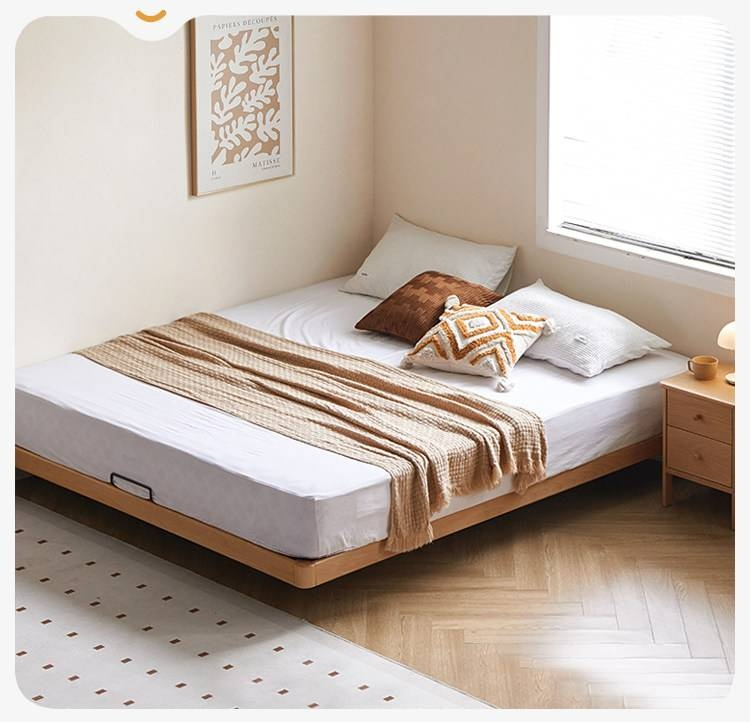 Beech Solid Wood Platform Bed, Headboard-Free Bed, Flush-Edge Floating Bed